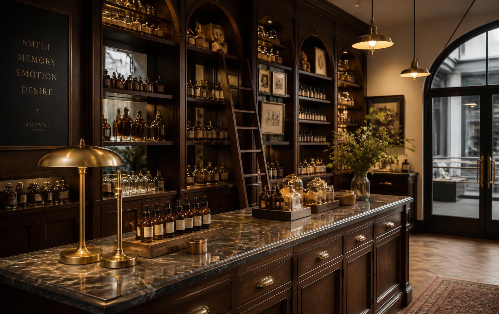 Interior of the Wonderland apothecary with dark cabinetry and amber glass